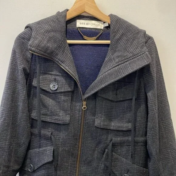 See By Chloe Utility Blazer Jacket Check Hood Knit Wool Varsity Black Navy 4 - Picture 3 of 14